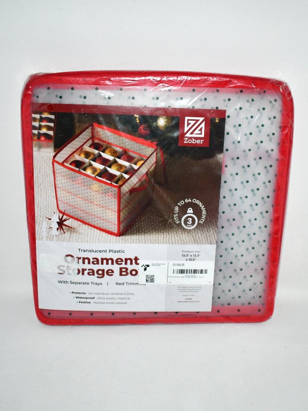 ZOBER Christmas Ornament Storage Box, Holds 64 Ornaments, Red, NWT